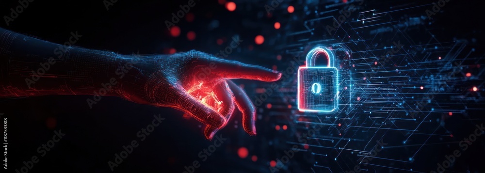 Poster cyber security digital padlock hand access online credentials protection against cyber attacks and d