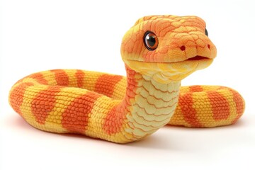 Fototapeta premium a long, realistic plush toy snake with a tongue in orange, yellow, and white background