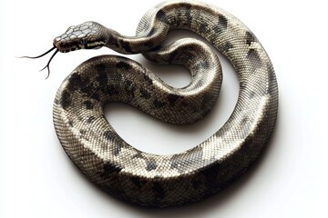 Fototapeta premium A curled up pinstripe ballpython snake, Python regius, facing the camera with both eyes visible, on an isolated white background