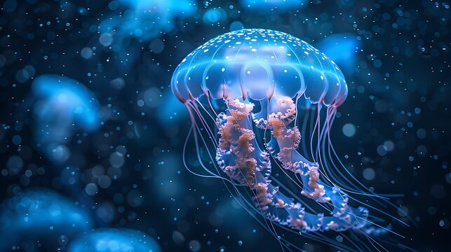 Glowing jellyfish underwater with bokeh.