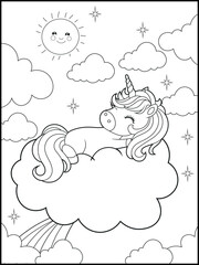 Fototapeta premium Black and White Unicorn Coloring Page for Kids. Cute, Hand-Drawn, Printable Activity Sheet with Cartoon Characters. 
