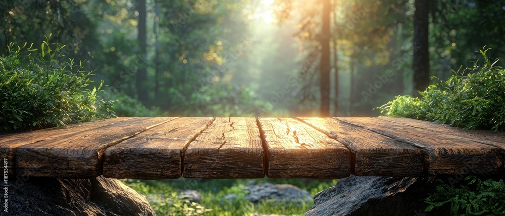 Poster empty wooden table in a serene forest setting. ideal for product placement, showcasing nature-inspir