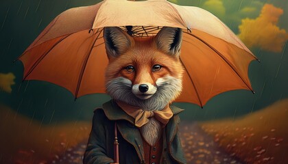 Whimsical Vintage Fox Character Seeking Shelter Under an Umbrella Amidst a Dreamy Autumn Landscape