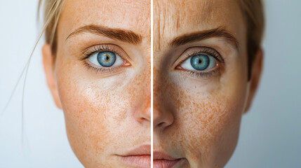 Close up side by side cross sectional comparison of collagen skin care on red head woman with blue eyes, copy space