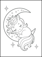 Black and White Unicorn Coloring Page for Kids. Cute, Hand-Drawn, Printable Activity Sheet with Cartoon Characters.
