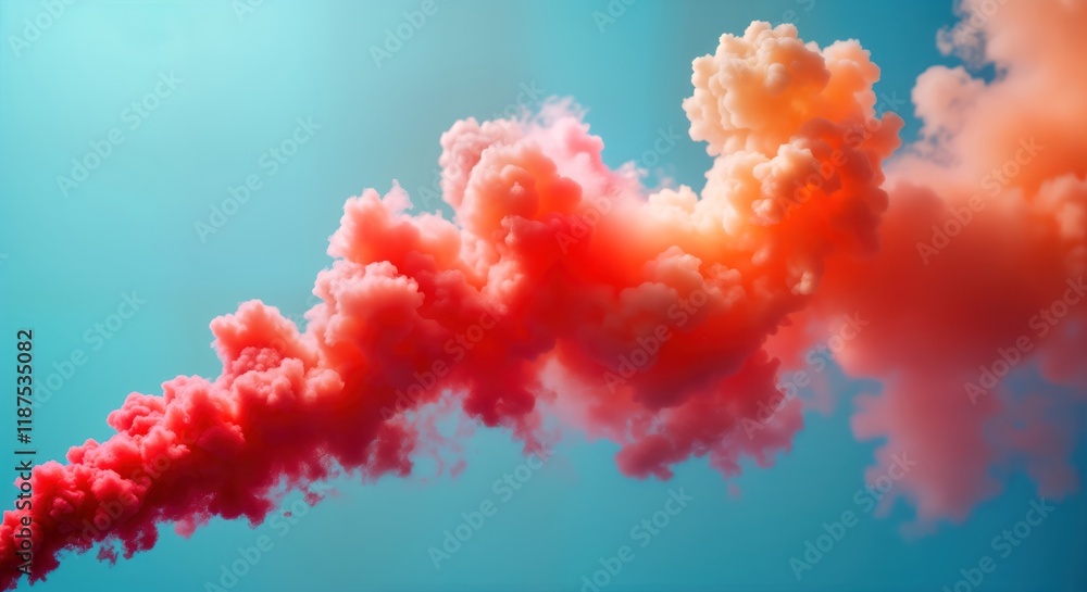 Poster colorful abstract art design. soft red smoke clouds float in bright blue sky. red smoke curves, flow