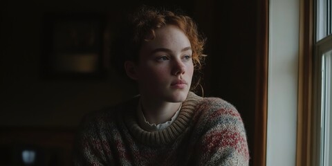 A serene portrait of a young woman with curly hair, sitting by a window, lost in thought, capturing a moment of introspection and calm reflection.