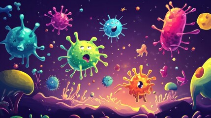 Playful cartoon viruses engage in an animated battle with antibodies in a vibrant microscopic world. Generative AI