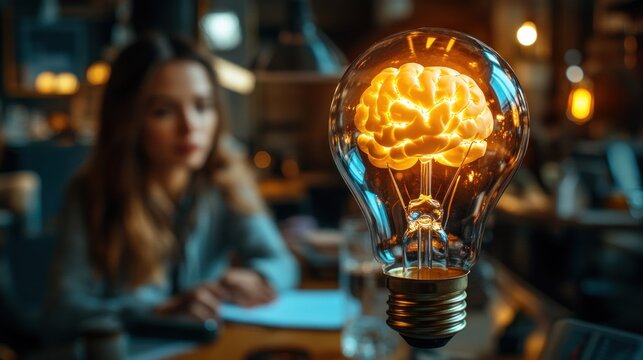 A glowing brain inside a light bulb symbolizes creativity and ideas.
