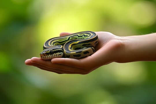 A human hand holds a Royal baby python (Python regius), also referred to as a ball python, which is twisted around it