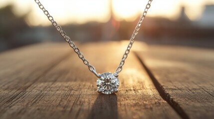 A classic diamond necklace glowing under natural sunlight, placed on a wooden table.