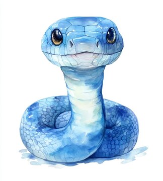 Hand-drawn watercolor depicting a cute cartoon snake