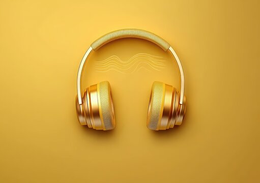 Golden Headphones and Sound Wave on Yellow Background