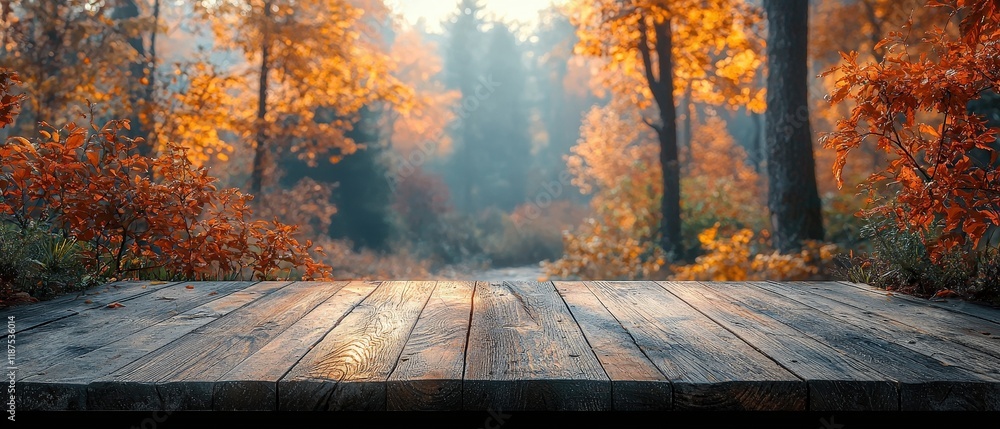 Poster empty wooden table with autumn forest background. ideal for product placement mockups and fall-theme