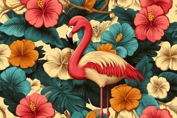A floral seamless pattern with a tropical vintage pink flamingo, pink hibiscus, and palm leaves set against a grey background