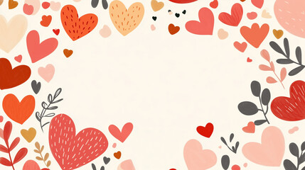 A charming hand-drawn Valentine’s Day frame featuring a variety of red, pink, and beige hearts alongside delicate leaves and decorative elements. 