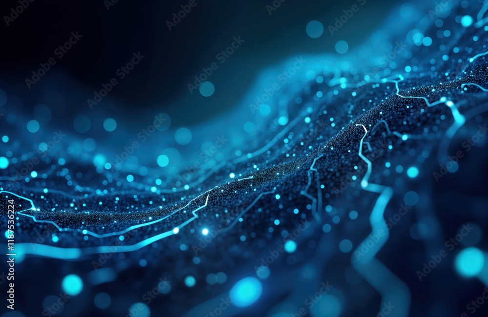 Poster Abstract illustration of complex data flow in digital tech world. Blue glowing binary code matrix background shows energy, futuristic concept of data storage, transformation. Network structure with