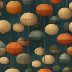 Fototapeta premium Retro vintage design style decorative ornament. Modern background with geometric seamless pattern. Mid-century modern look featuring flowers and leaves