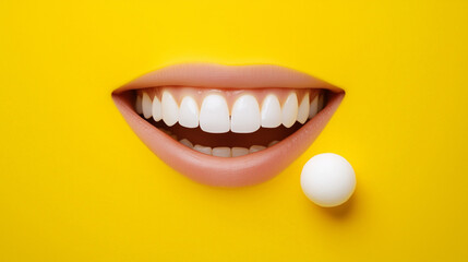 Fototapeta premium female white shining theeth with chewing gum isolated on yellow background. healthy white clean theeth mouth hygiene