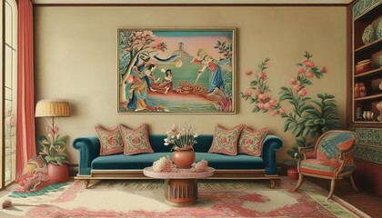 Vibrant Abstract Wall Painting with Geometric Shapes and Rich Colors, Showcasing a Blend of Modern Artistic Elements and Textures.
