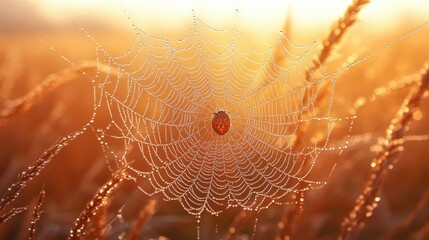 Dew-kissed spiderweb glowing in the warm sunrise light over a field of tall grass