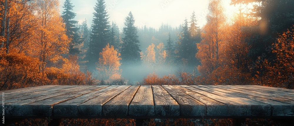 Poster empty wooden table with autumn forest background. ideal for product placement displaying fall-themed