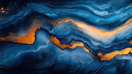 Pouring technique art with vibrant blues and golds flowing seamlessly into marbled patterns, creating a fluid dynamic effect