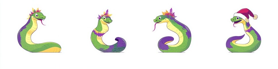 Fototapeta premium Cute snakes in diverse colors and postures, wearing Santa Claus hats. Symbols representing the year 2025. A collection of flat modern illustrations in an easy children's style. Modern illustration