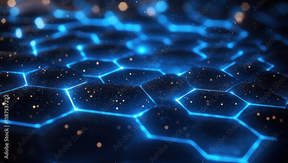 Poster futuristic digital landscape with hexagonal networks glowing in cyberpunk style for technology and i