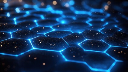 Obraz premium Futuristic Digital Landscape with Hexagonal Networks Glowing in Cyberpunk Style for Technology and Innovation Research
