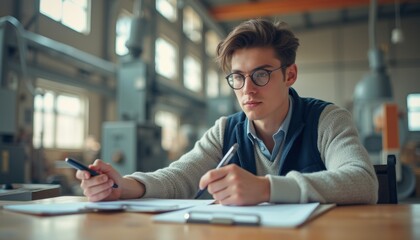 A young man with glasses sits at a wooden table, deeply engaged in reviewing blueprints in a spacious workshop filled with natural light. His thoughtful expression and the tools around him reflect a