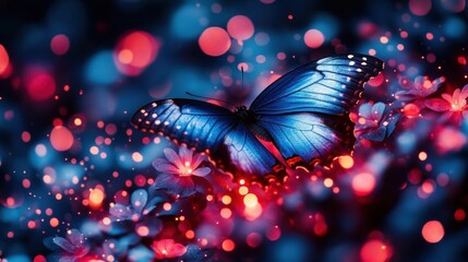 Enchanted Blue Butterfly Amongst Glowing Flowers at Night