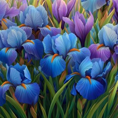 Modern seamless floral pattern comprising lilac iris flowers framed by delicate green foliage on a white setting. This hand-drawn artwork is ideal for use as a square repeating motif in fabric and