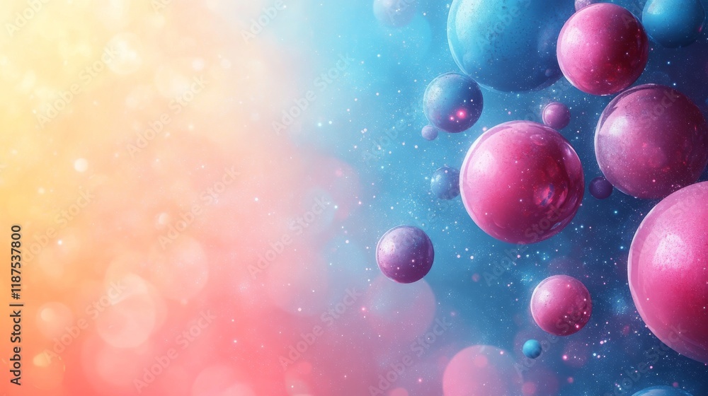 Poster cosmic spheres in a dreamy gradient haze, abstract bubbles floating in a colorful universe of shimme