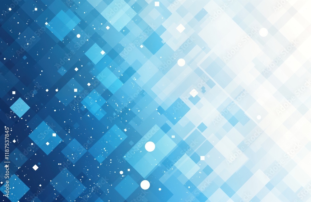 Poster abstract illustration with blue, white pixelated squares, diamonds. stylish digital design with tech