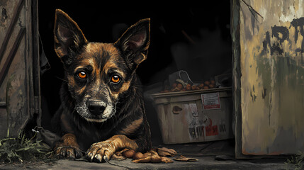 A starving emaciated dog with pleading eyes looks on helplessly outside a closed food stall highlighting the desperate plight of homeless animals struggling to survive. Starweave. Illustration