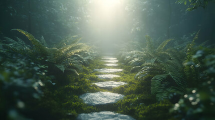 Fototapeta premium Enchanted Forest Path: Sunlit Stone Steps Through Misty Woods