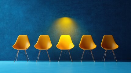 Yellow Spotlight on Chair Against Blue Wall Modern Interior Design