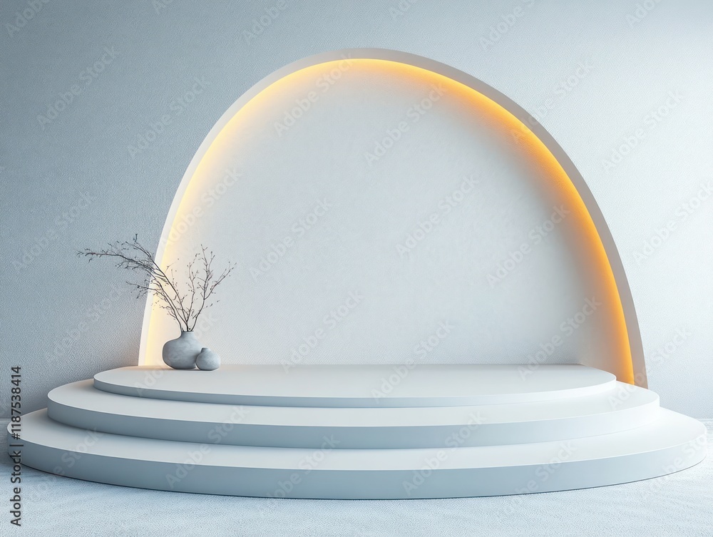 Poster minimalist abstract geometry showcase platform for product presentation with soft curves and ambient