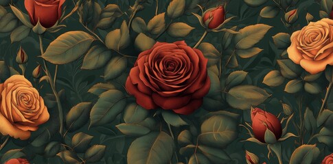 Fototapeta premium Floral wallpaper design featuring golden roses for backgrounds in textiles, paper, print, and wall art