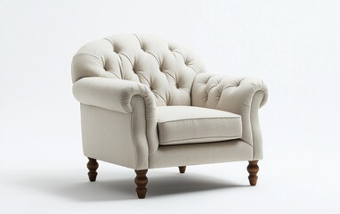 Fototapeta premium A cozy fabric armchair with tufted upholstery and wooden legs on a white backdrop