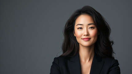 Obraz premium Confident Asian woman with long black hair wearing black blazer, smiling softly.