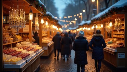 Obraz premium A bustling holiday market with stalls full of colorful candles and decorations, string lights overhead, and warmly dressed people strolling through the festive atmosphere. Generative, AI,