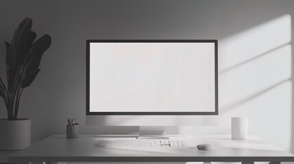 Workspace Minimalism: A modern, minimalist workspace featuring a sleek computer monitor with a blank screen, a desk, a potted plant, and a clean, uncluttered design. The sunlight casts shadows.
