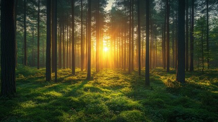Obraz premium Golden sunrise illuminates a dense pine forest, casting long shadows on the mossy ground.