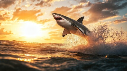 Fototapeta premium Great white shark leaping from ocean waves at sunset.