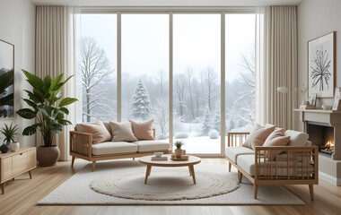 Cozy Scandinavian Living Room with Minimalist Furniture and Snowy Landscape View