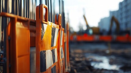 Construction Site Barrier Sign with Equipment in Background