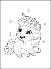 Black and White Unicorn Coloring Page for Kids. Cute, Hand-Drawn, Printable Activity Sheet with Cartoon Characters.
