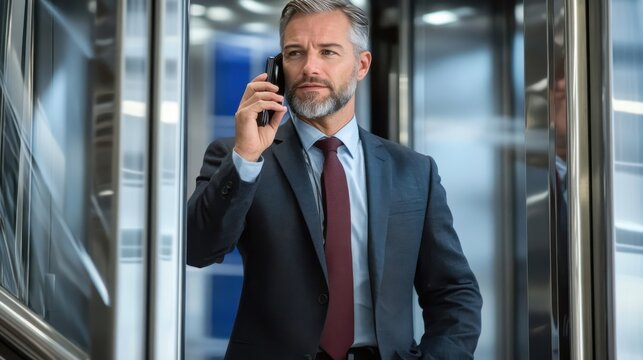 Businessman talking on smartphone while entering modern office elevator - Powered by Adobe